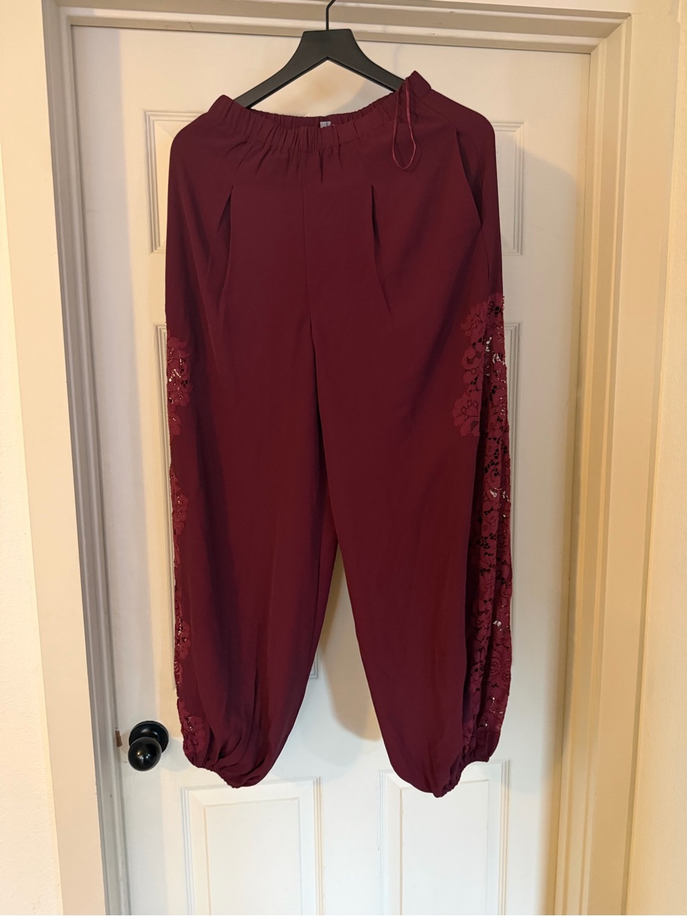 Anthropologie Burgundy Embroidered Side-Panel Joggers Lace Balloon pants NWT